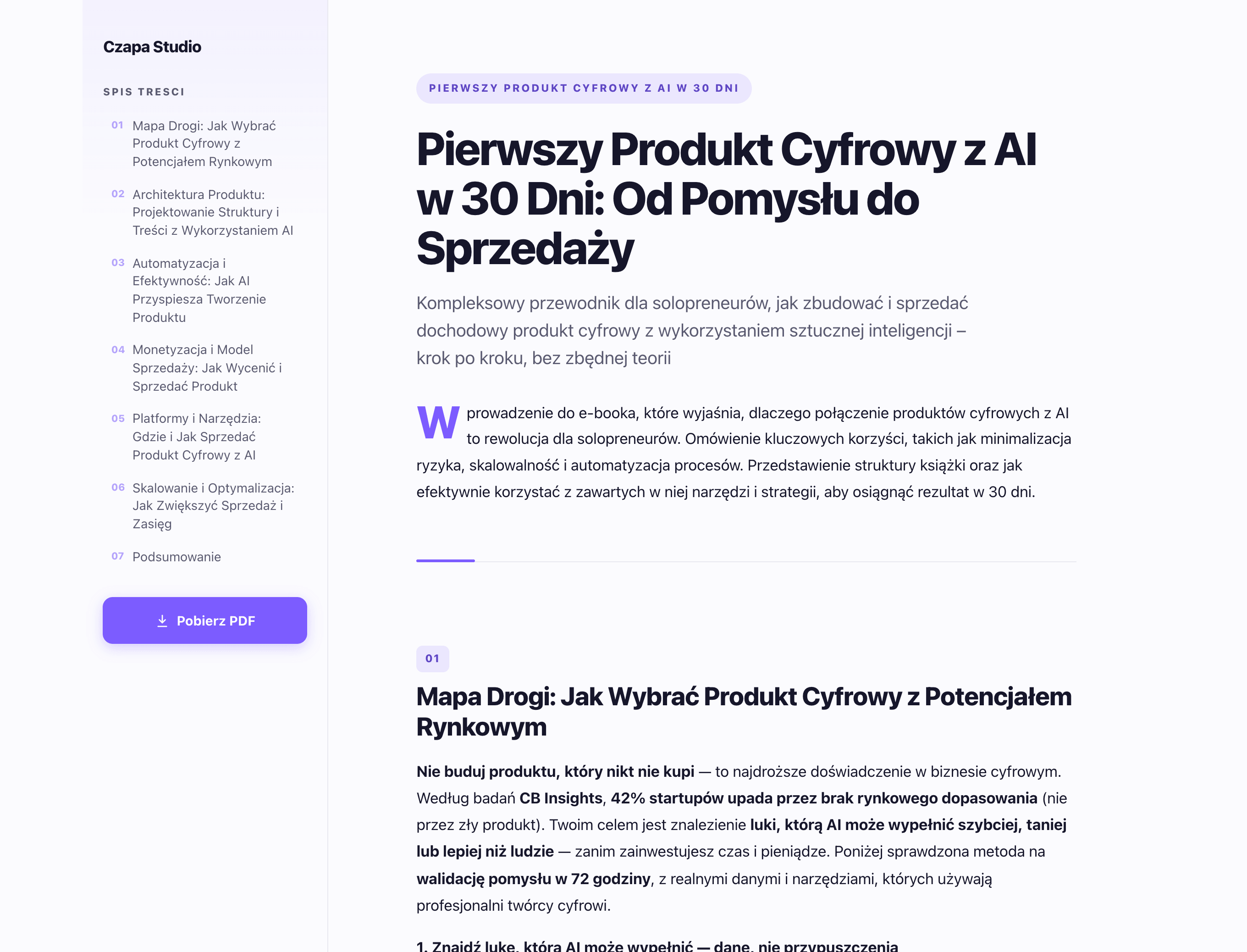 Gotowy produkt po pobraniu — samodzielny czytnik HTML ze spisem treści, hero i pierwszym rozdziałem, dokładnie tak, jak otwiera go kupujący.