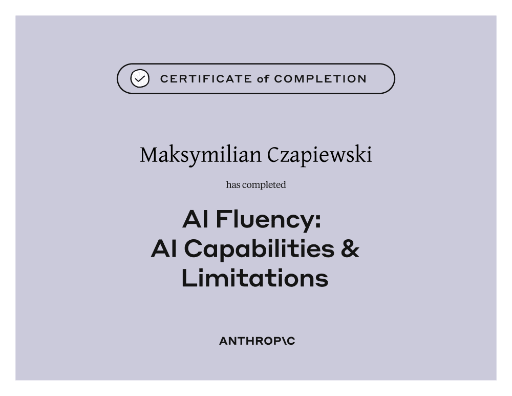 Certyfikat Anthropic — AI Fluency: Capabilities & Limitations