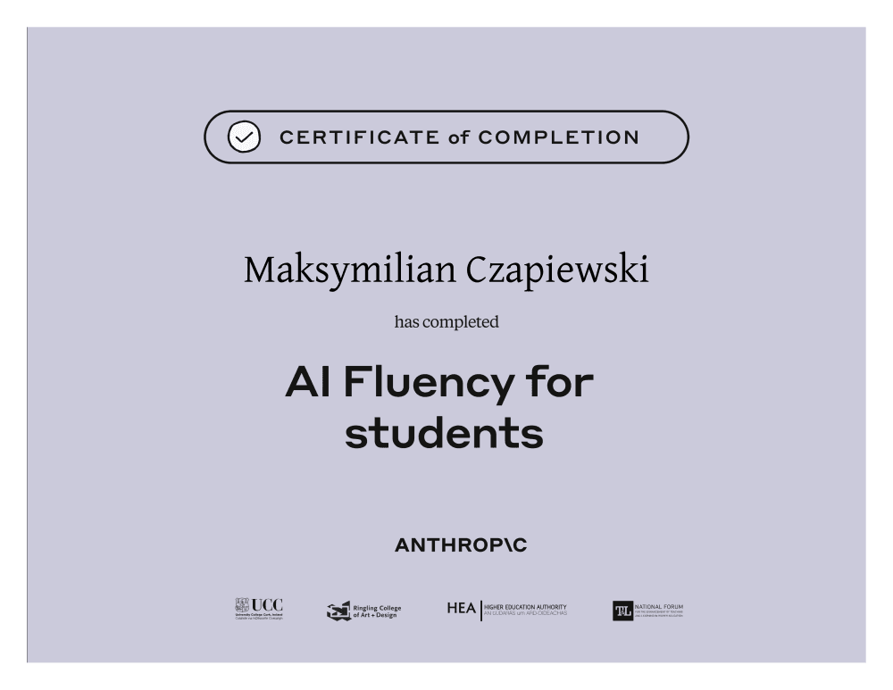 Certyfikat Anthropic — AI Fluency for Students