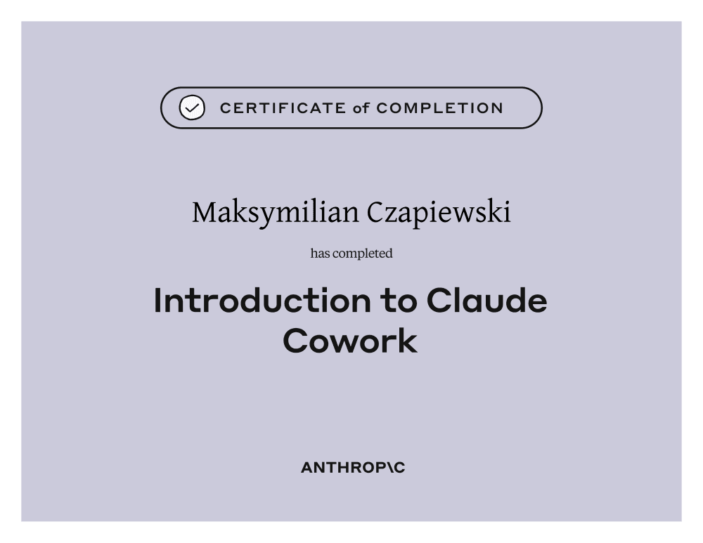 Certyfikat Anthropic — Introduction to Claude Cowork