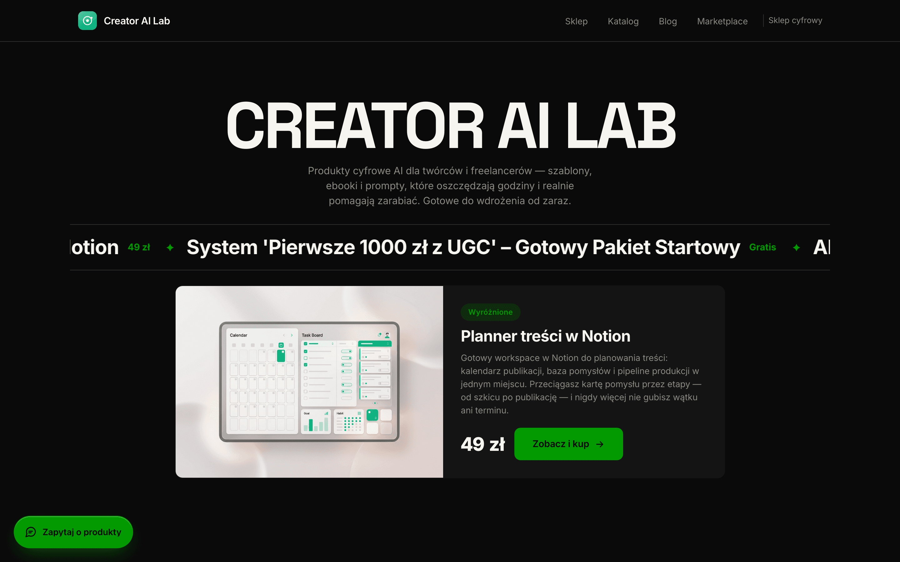 Sklep Creator AI Lab — produkty cyfrowe AI dla tworcow, w zielonej, przejrzystej odslonie.