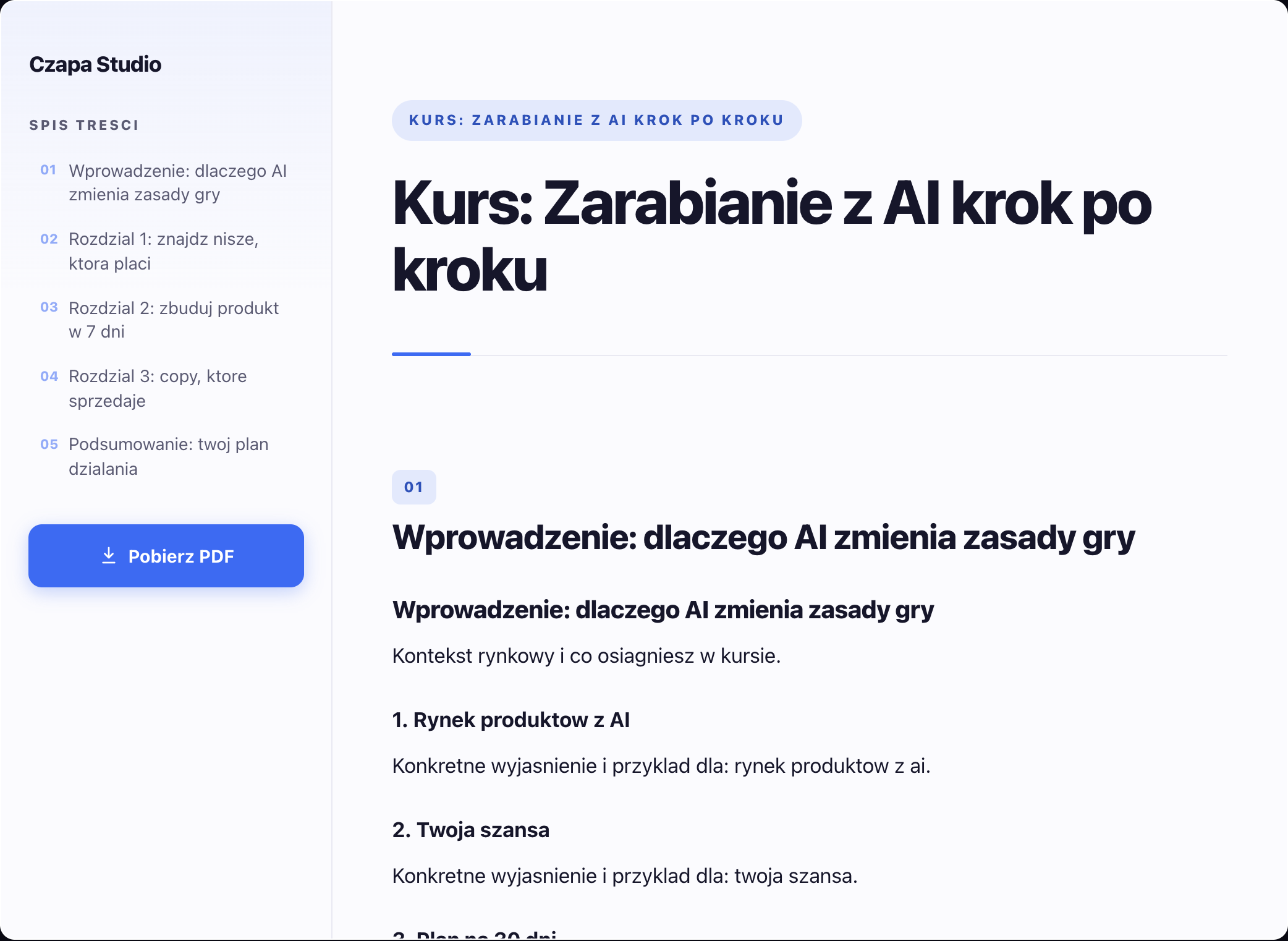 Generowanie produktu: interaktywny czytnik HTML z rozdziałami i eksportem