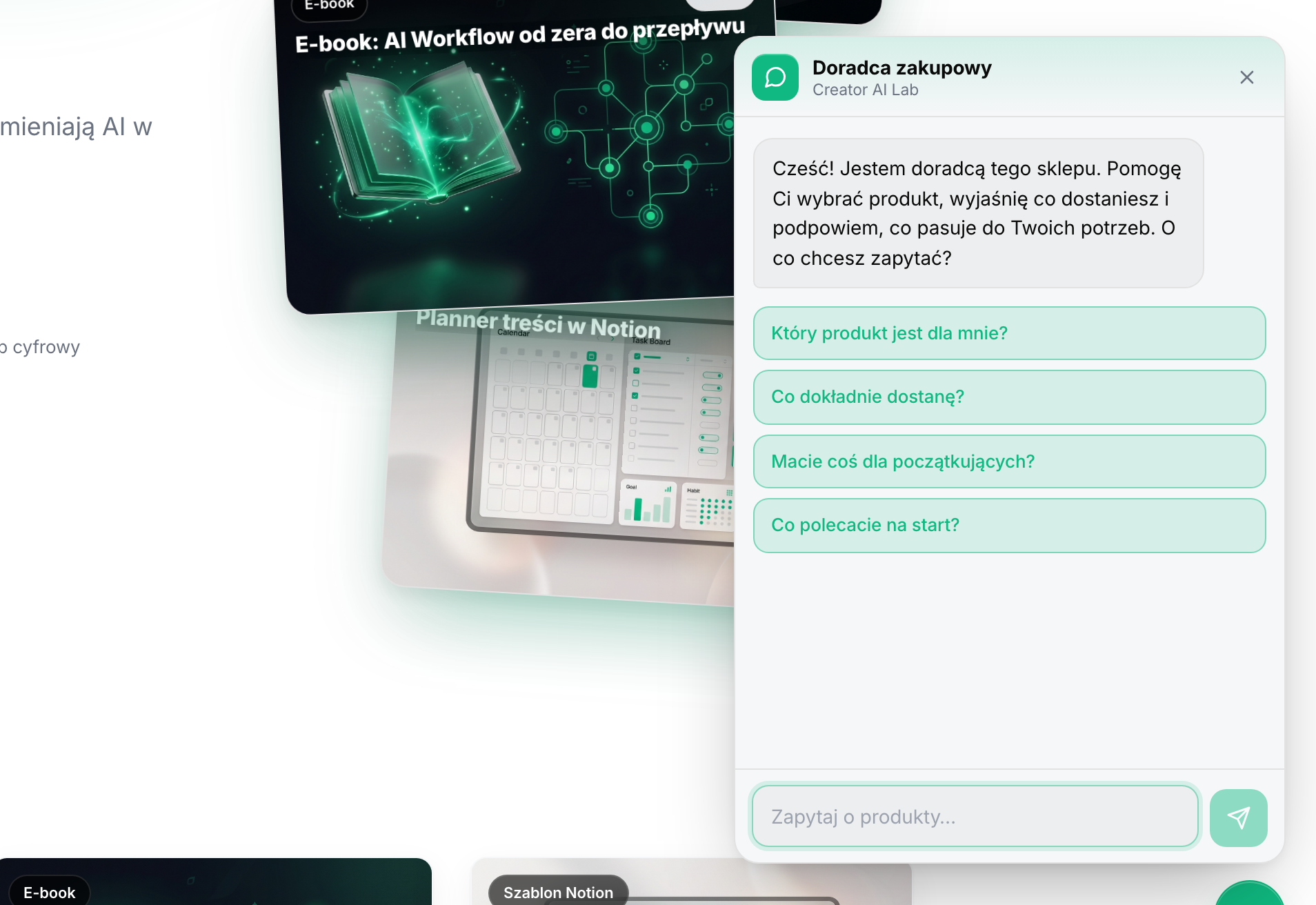 Doradca AI w sklepie: powitanie kupującego i propozycje pytań na start